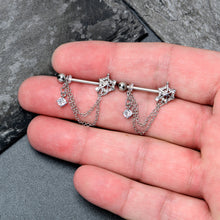 Load image into Gallery viewer, 14G 9/16 Clear CZ Gem Spiderweb Chain Dangle Nipple Ring Set