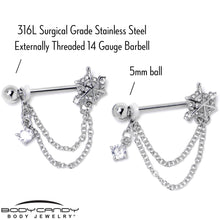Load image into Gallery viewer, 14G 9/16 Clear CZ Gem Spiderweb Chain Dangle Nipple Ring Set