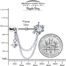 Load image into Gallery viewer, 14G 9/16 Clear CZ Gem Spiderweb Chain Dangle Nipple Ring Set