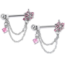 Load image into Gallery viewer, 14G 9/16 Pink CZ Gem Spiderweb Chain Dangle Nipple Ring Set
