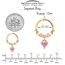 Load image into Gallery viewer, 16G 3/8 Pink CZ Gem Gold Tone Love Heart Dangle Hinged Segment Ring