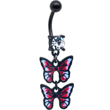 Load image into Gallery viewer, Clear CZ Gem Black Butterfly Duo Red Dangle Belly Ring