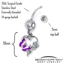 Load image into Gallery viewer, Clear Gem Butterfly Rose Flower Purple Dangle Belly Ring