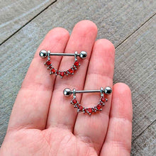 Load image into Gallery viewer, 14G 9/16 Red CZ Gem January Birthstone Dangle Nipple Shield Set