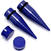 Load image into Gallery viewer, Blue Acrylic Shimmer Finish Taper Saddle Plug Set 6mm to 20mm Sizes