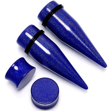 Load image into Gallery viewer, Blue Acrylic Shimmer Finish Taper Saddle Plug Set 6mm to 20mm Sizes