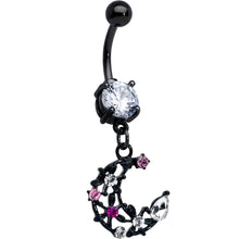 Load image into Gallery viewer, Clear Pink CZ Gem Black Flower Moon Dangle Belly Ring