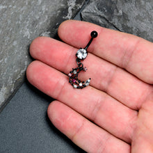 Load image into Gallery viewer, Clear Pink CZ Gem Black Flower Moon Dangle Belly Ring
