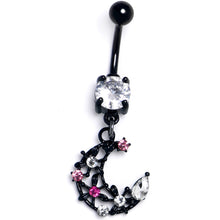 Load image into Gallery viewer, Clear Pink CZ Gem Black Flower Moon Dangle Belly Ring