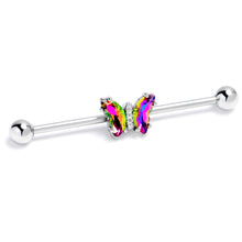 Load image into Gallery viewer, 14G Rainbow CZ Gem Simply Colorful Butterfly Industrial Barbell 38mm