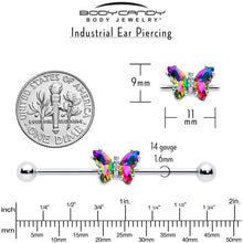 Load image into Gallery viewer, 14G Rainbow CZ Gem Simply Colorful Butterfly Industrial Barbell 38mm