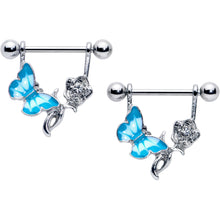 Load image into Gallery viewer, 14G 9/16 Butterfly Blue Rose Flower Dangle Nipple Ring Set
