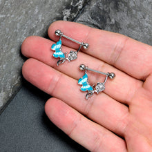 Load image into Gallery viewer, 14G 9/16 Butterfly Blue Rose Flower Dangle Nipple Ring Set