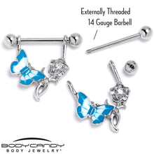 Load image into Gallery viewer, 14G 9/16 Butterfly Blue Rose Flower Dangle Nipple Ring Set