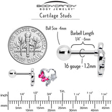 Load image into Gallery viewer, 16G 1/4 Clear CZ Gem Butterfly Rose Pink Cartilage Tragus Stud