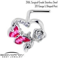 Load image into Gallery viewer, 20G 7mm Clear CZ Gem Butterfly Rose Flower Pink L Shape Nose Ring