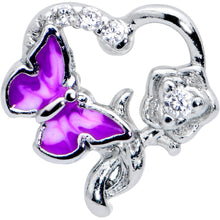 Load image into Gallery viewer, 20G 7mm Clear CZ Gem Butterfly Rose Flower Purple L Shape Nose Ring