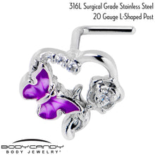 Load image into Gallery viewer, 20G 7mm Clear CZ Gem Butterfly Rose Flower Purple L Shape Nose Ring