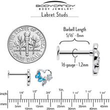 Load image into Gallery viewer, 16G 5/16 Clear CZ Gem Butterfly Rose Blue Internally Threaded Labret