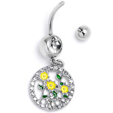 Load image into Gallery viewer, Clear Gem Cat Yellow Flowers Dangle Belly Ring