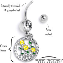 Load image into Gallery viewer, Clear Gem Cat Yellow Flowers Dangle Belly Ring