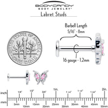 Load image into Gallery viewer, 16G 5/16 Pink Gem Fancy Fab Butterfly Internally Threaded Labret