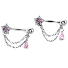 Load image into Gallery viewer, 14G 9/16 Pink CZ Gem Snowflake Flower Chain Dangle Nipple Ring Set