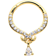 Load image into Gallery viewer, 16G 3/8 Clear CZ Gem Gold Hue Elegant Curves Dangle Hinged Segment Ring