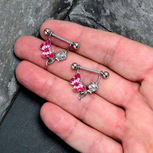 Load image into Gallery viewer, 14G 9/16 Butterfly Pink Rose Flower Dangle Nipple Ring Set