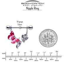 Load image into Gallery viewer, 14G 9/16 Butterfly Pink Rose Flower Dangle Nipple Ring Set