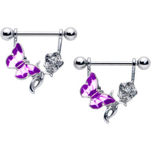 Load image into Gallery viewer, 14G 9/16 Butterfly Purple Rose Flower Dangle Nipple Ring Set