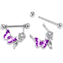Load image into Gallery viewer, 14G 9/16 Butterfly Purple Rose Flower Dangle Nipple Ring Set