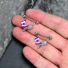 Load image into Gallery viewer, 14G 9/16 Butterfly Purple Rose Flower Dangle Nipple Ring Set