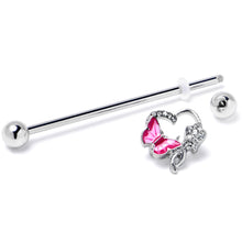 Load image into Gallery viewer, 14G Clear Gem Butterfly Rose Flower Pink Industrial Barbell 38mm