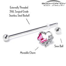 Load image into Gallery viewer, 14G Clear Gem Butterfly Rose Flower Pink Industrial Barbell 38mm