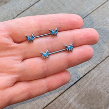 Load image into Gallery viewer, 14G 9/16 Blue Gem Fancy Fab Butterfly Barbell Nipple Ring Set