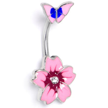 Load image into Gallery viewer, Clear Gem Perfectly Pink Flower Butterfly Double Mount Belly Ring
