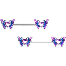 Load image into Gallery viewer, 14G 9/16 Pink Gem Heart Butterfly Purple Barbell Nipple Ring Set