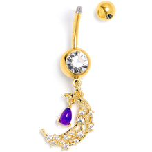 Load image into Gallery viewer, Purple Gem Gold Tone Constellation Moon Dangle Belly Ring