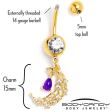 Load image into Gallery viewer, Purple Gem Gold Tone Constellation Moon Dangle Belly Ring
