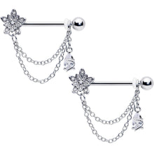 Load image into Gallery viewer, 14G 9/16 Clear CZ Gem Snowflake Flower Chain Dangle Nipple Ring Set