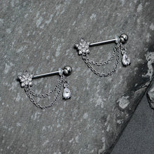 Load image into Gallery viewer, 14G 9/16 Clear CZ Gem Snowflake Flower Chain Dangle Nipple Ring Set