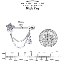 Load image into Gallery viewer, 14G 9/16 Clear CZ Gem Snowflake Flower Chain Dangle Nipple Ring Set