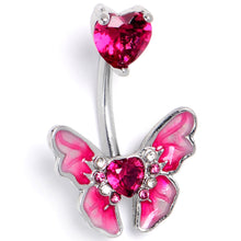 Load image into Gallery viewer, Pink CZ Gem Butterfly Love Heart Double Mount Belly Ring