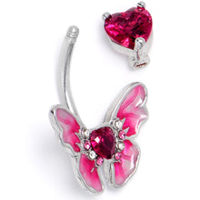 Load image into Gallery viewer, Pink CZ Gem Butterfly Love Heart Double Mount Belly Ring
