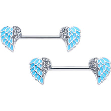 Load image into Gallery viewer, 14G 9/16 Blue Heavenly Heart Angel Wings Barbell Nipple Ring Set