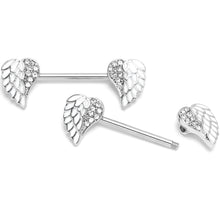 Load image into Gallery viewer, 14G 9/16 White Heavenly Heart Angel Wings Barbell Nipple Ring Set