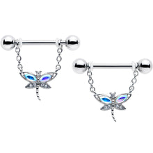 Load image into Gallery viewer, 14G 9/16 Aurora CZ Gem Understated Dragonfly Dangle Nipple Ring Set
