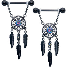 Load image into Gallery viewer, 14G 9/16 Aurora CZ Gem Black Dreamcatcher Dangle Nipple Ring Set