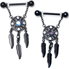 Load image into Gallery viewer, 14G 9/16 Aurora CZ Gem Black Dreamcatcher Dangle Nipple Ring Set